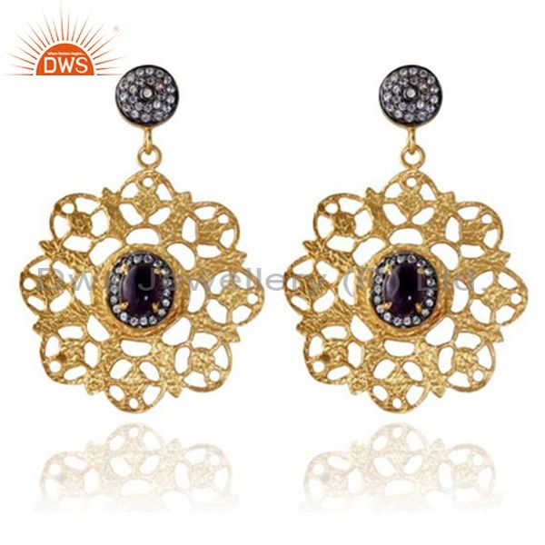22K Gold Plated Brass Black Onyx And CZ Hammered Designer Dangle Earrings