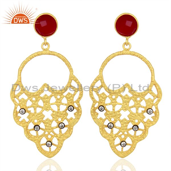 22K Yellow Gold Plated Pink Corundum And CZ Hammered Fashion Dangle Earrings