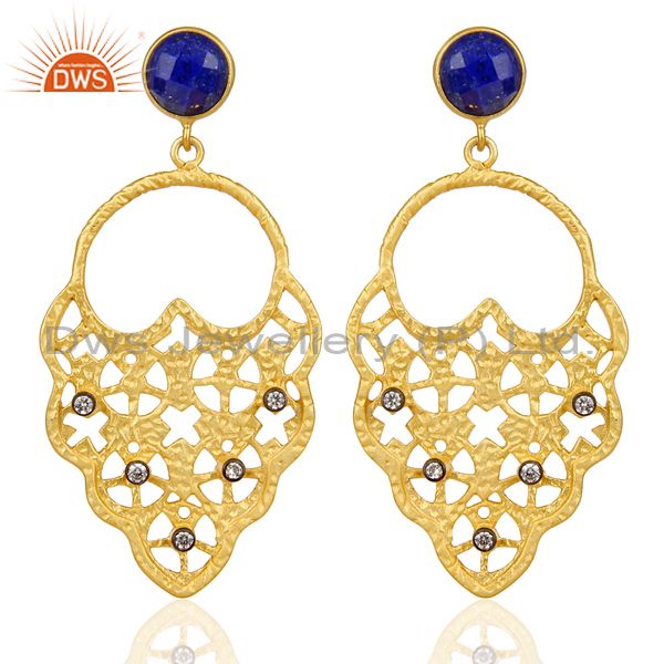 18K Gold Plated Lapis Lazuli Lazuli CZ Filigree Design Dangle Brass Earrings