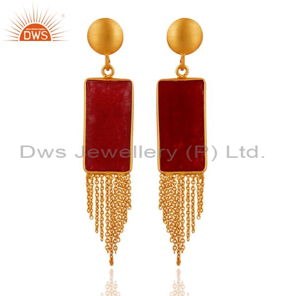 18K Yellow Gold Plated Sterling Silver Red Aventurine Chain Chandelier Earrings