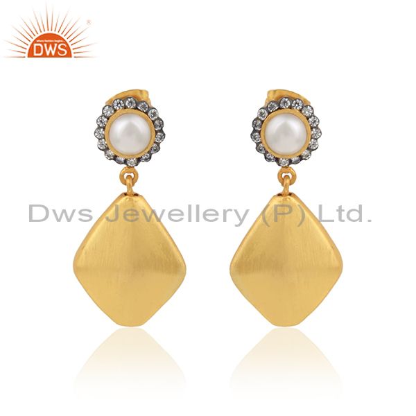 22K Yellow Gold Plated Stain Finish Pearl And CZ Drop Brass Earrings
