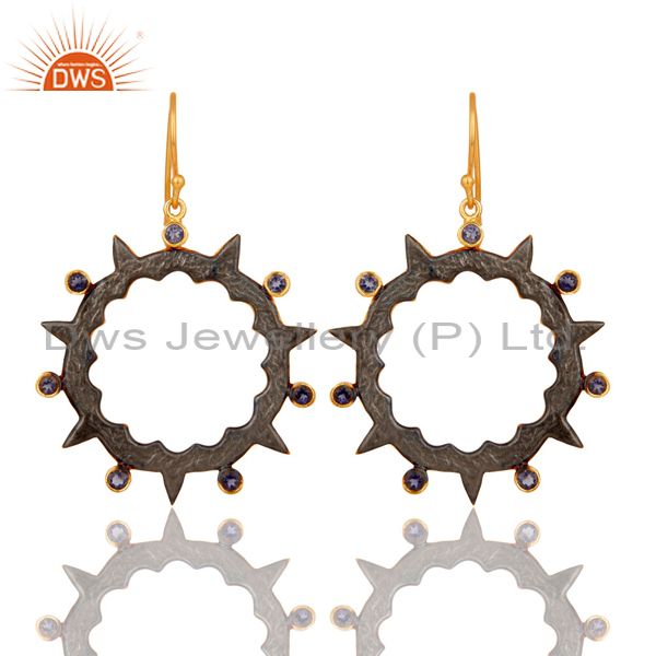 18k Gold Plated Round Design Brass Earrings with Iolite