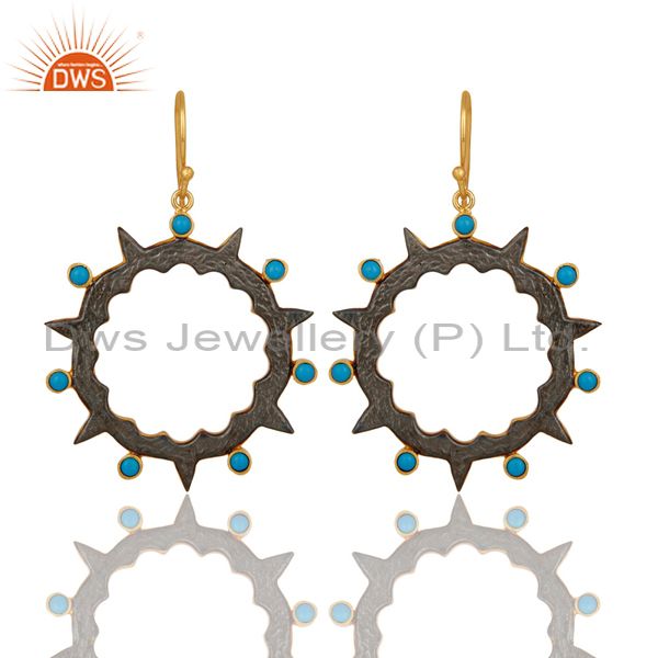 18k Gold Plated Round Design Brass Earrings with Turquoise