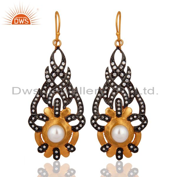 Cubic Zirconia And Natural Pearl 18K Yellow Gold Plated Fashion Designer Earring