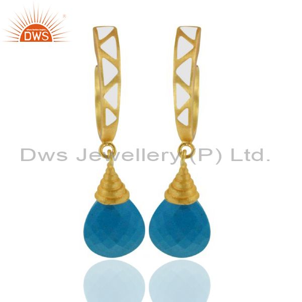 18K Yellow Gold Plated Brass Turquoise Drop Earrings With White Enamel