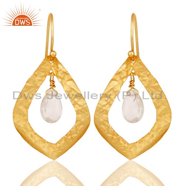 22K Yellow Gold Plated Sterling Silver Crystal Quartz Designer Dangle Earrings