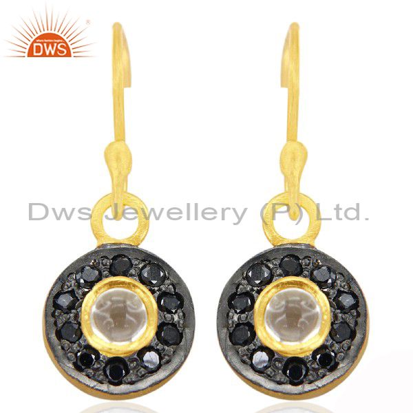 18K Yellow Gold Plated Sterling Silver Crystal Quartz And Black CZ Halo Earrings