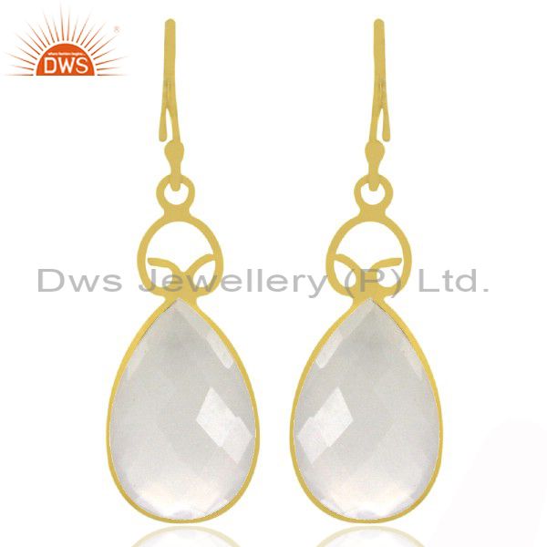 18K Yellow Gold Plated Sterling Silver White Chalcedony Gemstone Drop Earrings