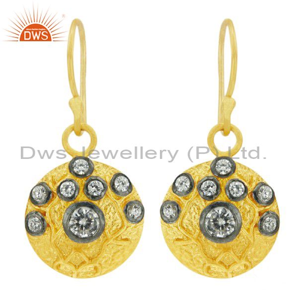 22K Yellow Gold Plated Sterling Silver Cubic Zirconia Disc Designer Earrings