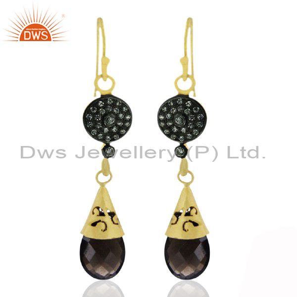 18K Yellow Gold Plated Sterling Silver Smoky Quartz And CZ Drop Earrings