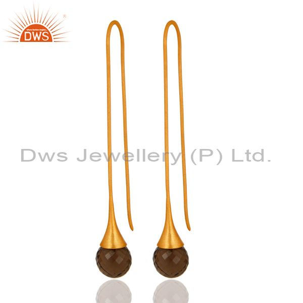 Smoky quartz briolette long dangle earrings in 18k gold over sterling silver