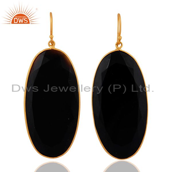 925 Sterling Silver Black Onyx Gemstone Dangle Earrings With 18k Gold Plated