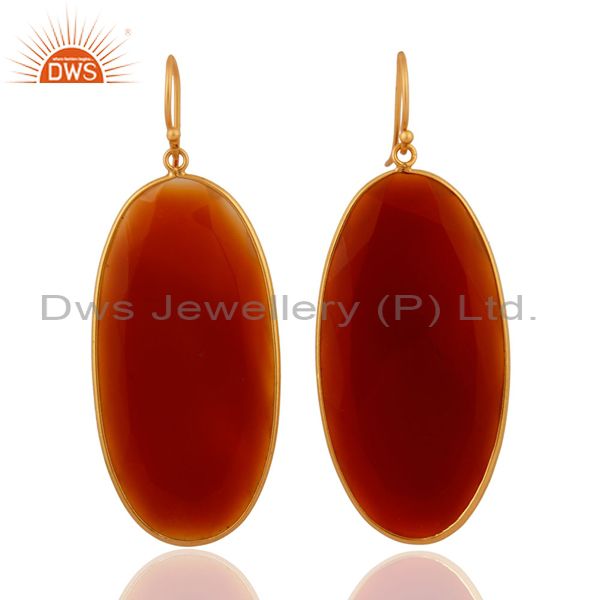 Handcrafted 925 Sterling Silver 22k Gold Plated Red Onyx Gemstone Dangle Earring