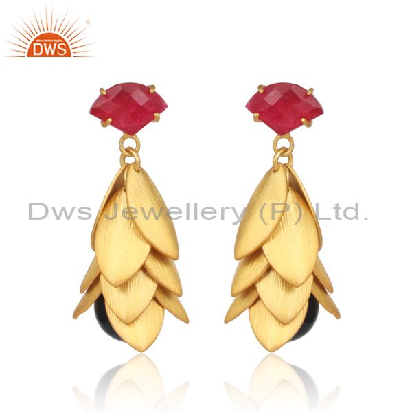 24K Yellow Gold Plated Black Onyx And Red Aventurine Chandelier Earrings