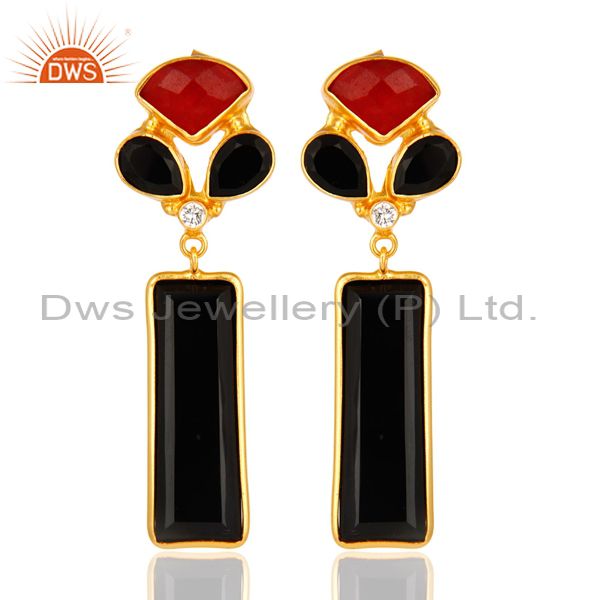 Red Aventurine And Black Onyx Gemstone 14K Yellow Gold Plated Dangle Earrings