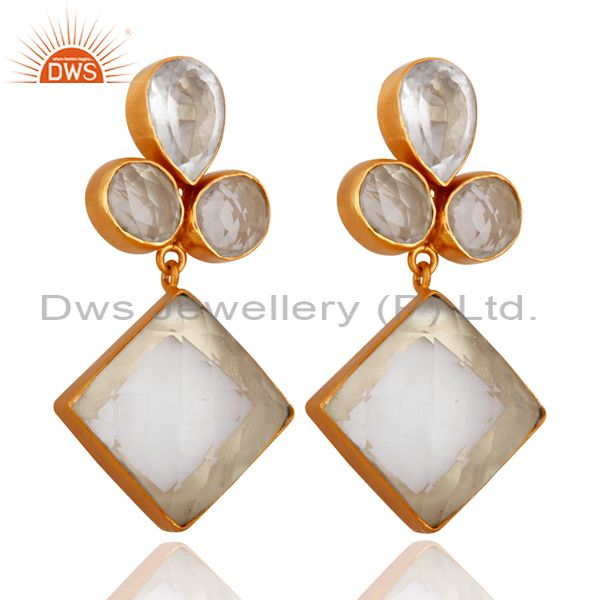 Bezel Set Crystal Quartz Handcrafted 22K Gold Plated Gemstone Earrings