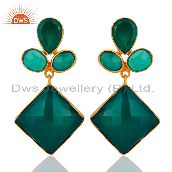 Handmade Faceted Green Onyx Bezel Set Dangle Earrings With Yellow Gold Plated