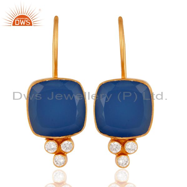 18K Yellow Gold Plated Blue Chalcedony & White Zircon Gemstone Brass Earring