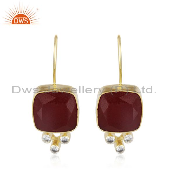 24K Yellow Gold Plated Brass Red Aventurine And CZ Designer Dangle Earrings