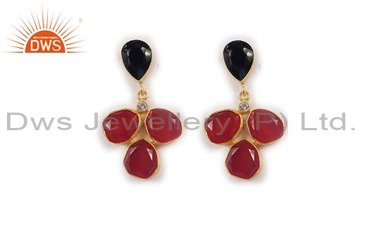24K Yellow Gold Plated Black Onyx, Red Aventurine And CZ Dangle Earrings