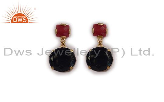 24K Yellow Gold Plated Red Aventurine And Black Onyx Prong Set Dangle Earrings