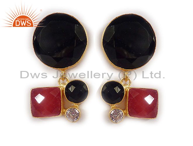 22K Yellow Gold Plated Brass Black Onyx And Red Aventurine Designer Earrings