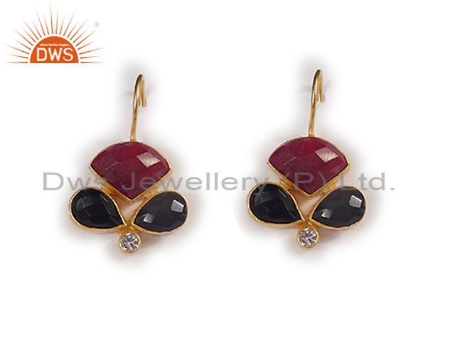 22K Yellow Gold Plated Black Onyx And Red Aventurine Dangle Earrings With CZ