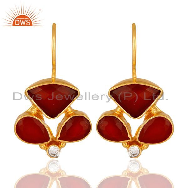 Faceted Red Onyx Gemstone And CZ Designer Earrings With Yellow Gold Plated
