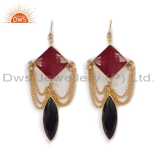24K Yellow Gold Plated Black Onyx, Red Aventurine And CZ Chain Dangle Earrings
