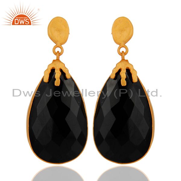 Natural Black Onyx Gemstone Dangle Earring Made In 18K Gold Over brass