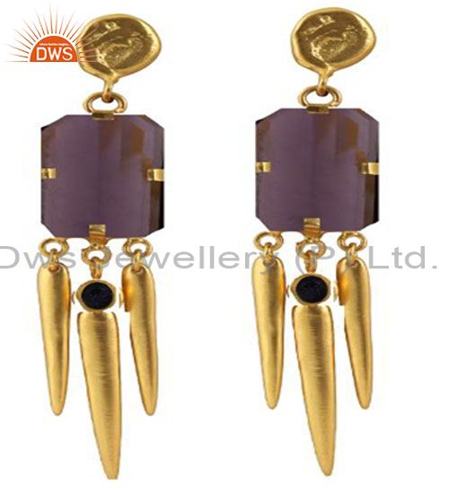 22K Yellow Gold Plated Brass Sunstone And Hydro Amethyst Chandelier Earrings