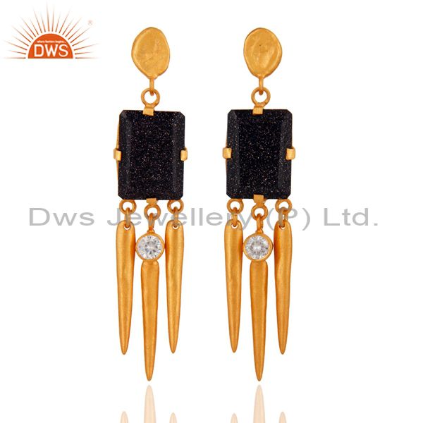 22K Yellow Gold Plated Blue Sun Sitara And CZ Spike Design Dangle Earrings