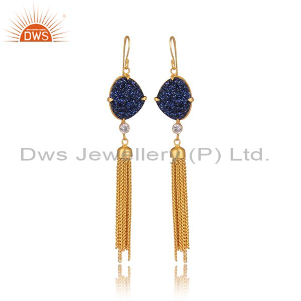 24K Yellow Gold Plated Brass Blue Druzy And CZ Chain Chandelier Earrings
