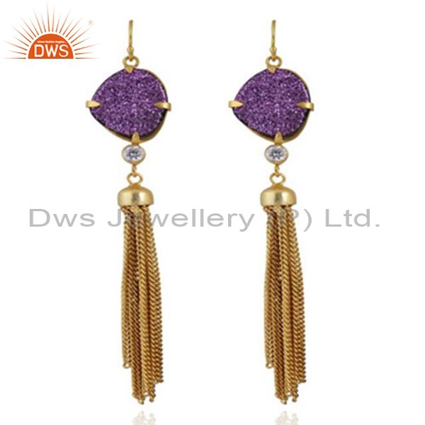 24K Yellow Gold Plated Brass Purple Druzy And CZ Chain Chandelier Earrings