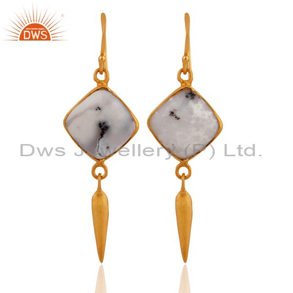 18K Yellow Gold Plated Sterling Silver Dendritic Opal Gemstone Dangle Earrings