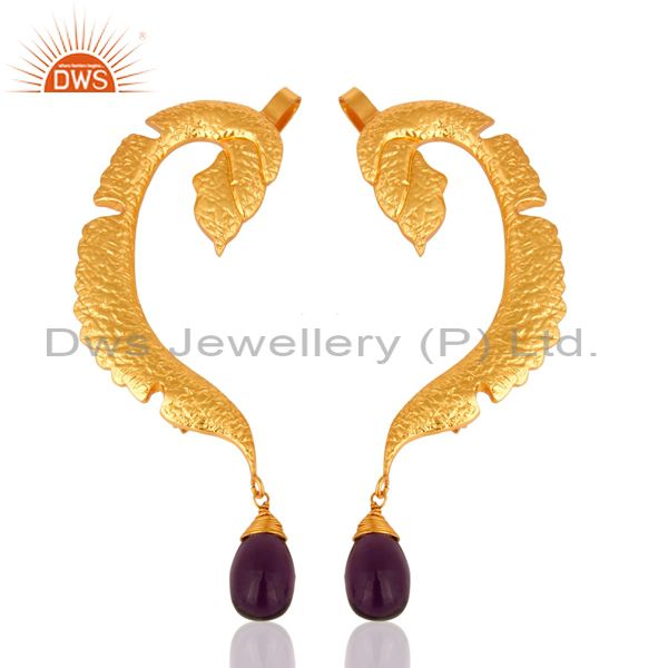 Hydro Amethyst Gemstone 18K Gold Plated Brass Fashion Ear Cuff Earrings Jewelry