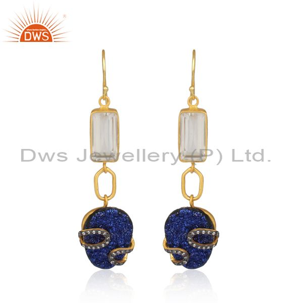 24K Yellow Gold Plated Brass Blue Druzy And Crystal Quartz Dangle Earrings