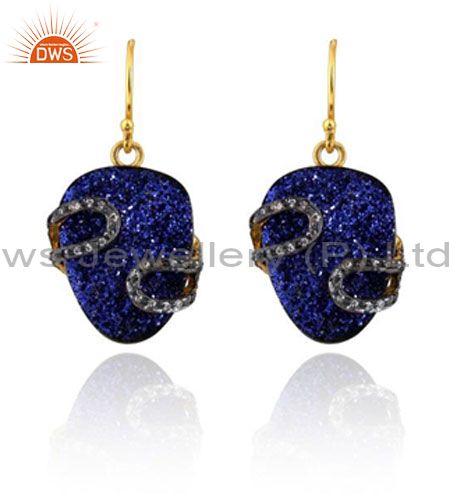 24K Yellow Gold Plated Brass Blue Druzy And CZ Designer Dangle Earrings