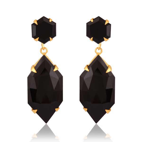 18K Gold Plated Sterling Silver Black Onyx Gemstone Prong Set Dangle Earrings