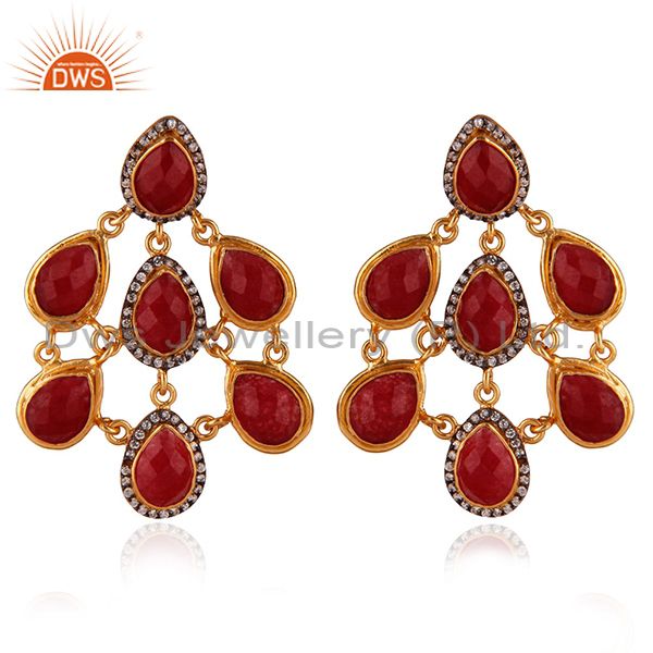 24K Yellow Gold Plated Brass Red Aventurine And CZ Womens Chandelier Earrings