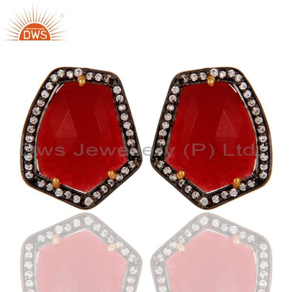 18K Yellow Gold Plated Red Aventurine Gemstone Womens Stud Earrings With CZ