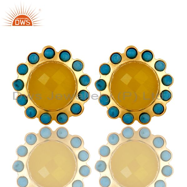 Handmade Turquoise And Yellow Chalcedony Stud Earrings Made In 18K Gold On Brass