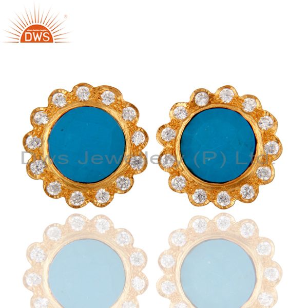 18K Gold Plated Brass Turquoise And Cubic Zirconia Stud Earrings
