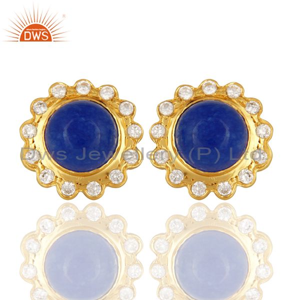 18K Yellow Gold Plated Aventurine Blue Gemstone Stud Fashion Earrings With CZ