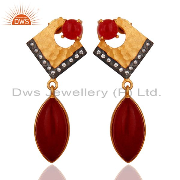 Natural Red Aventurine Gemstone Gold Plated Dangle Earrings With CZ