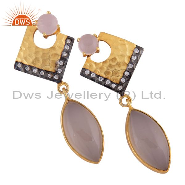 22K Yellow Gold Plated Brass Rose Chalcedony Bezel Set Drop Earrings With CZ
