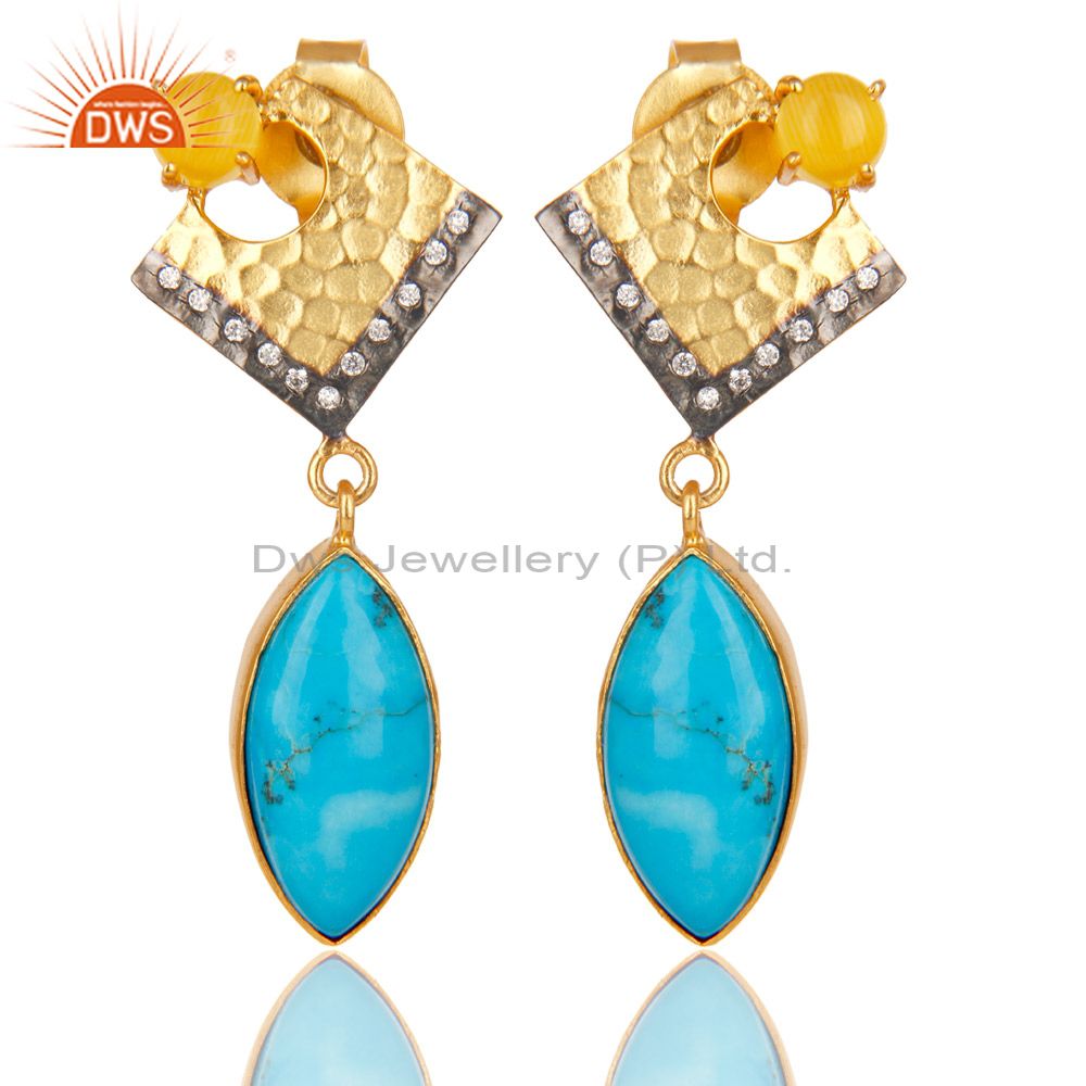 14K Yellow Gold Plated Moonstone Turquoise & White Zircon Dangle Brass Earrings