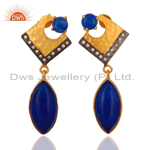 22K Yellow Gold Plated Brass Blue Aventurine Fashion Dangle Earrings With CZ