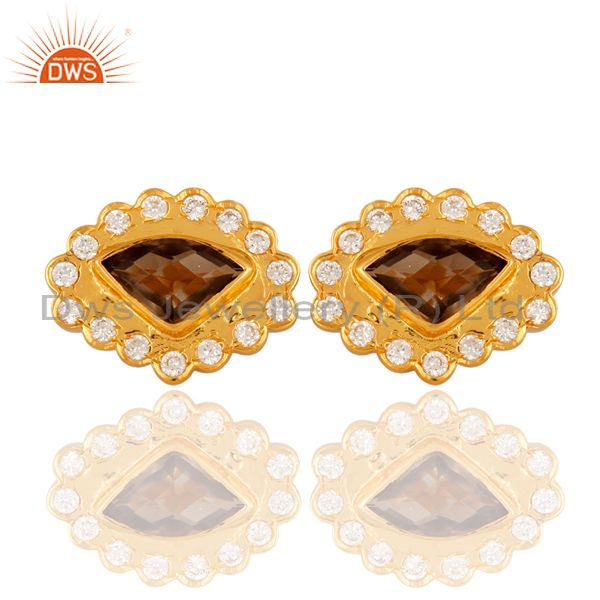 Natural Smoky Quartz Gemstone Stud Earrings With CZ In Yellow Gold Plated