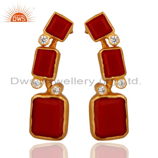 Cultured Red Coral And Cubic Zirconia 18K Gold Plated Dangle Earrings